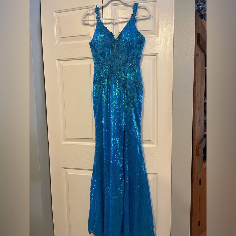 Sparkling Blue Sequin Prom Dress with V-Neck
